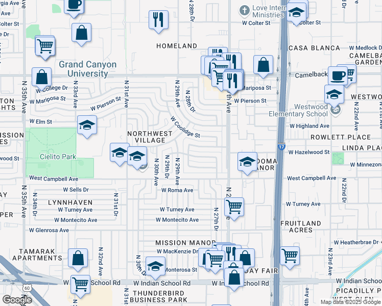 map of restaurants, bars, coffee shops, grocery stores, and more near 4542 North 28th Drive in Phoenix