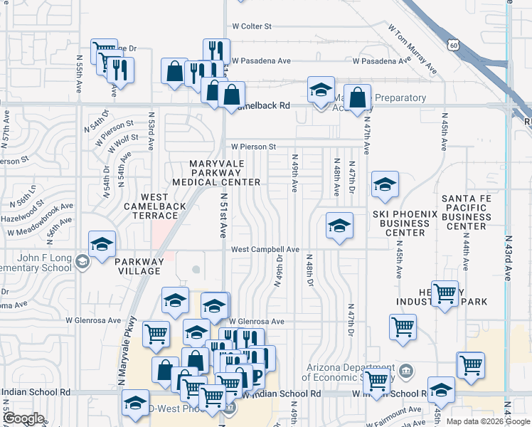 map of restaurants, bars, coffee shops, grocery stores, and more near 4552 North 50th Avenue in Phoenix