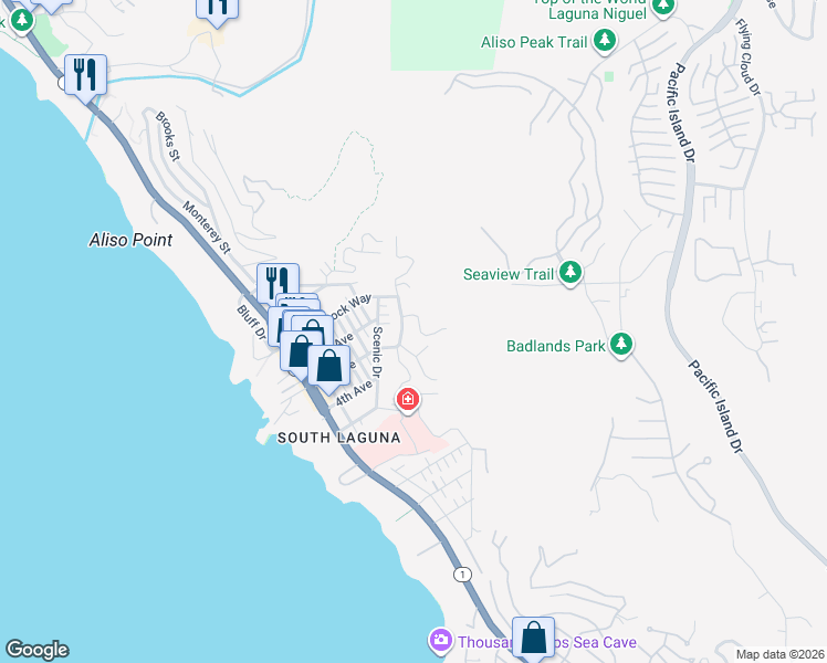 map of restaurants, bars, coffee shops, grocery stores, and more near 22351 Eagle Rock Way in Laguna Beach