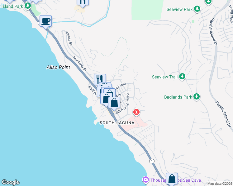 map of restaurants, bars, coffee shops, grocery stores, and more near 31615 2nd Avenue in Laguna Beach