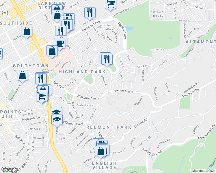 map of restaurants, bars, coffee shops, grocery stores, and more near 1242 29th Street South in Birmingham