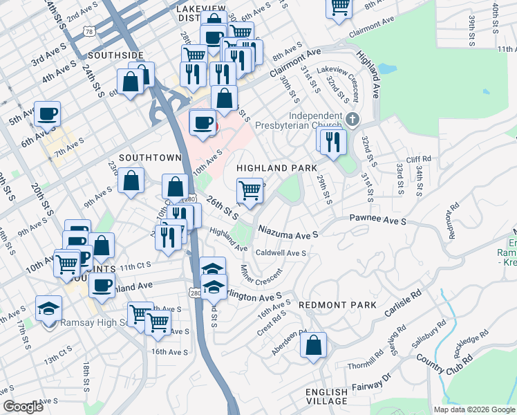 map of restaurants, bars, coffee shops, grocery stores, and more near 2620 Highland Avenue in Birmingham