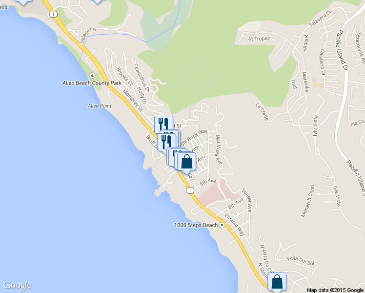 map of restaurants, bars, coffee shops, grocery stores, and more near 31562 Eagle Rock Way in Laguna Beach