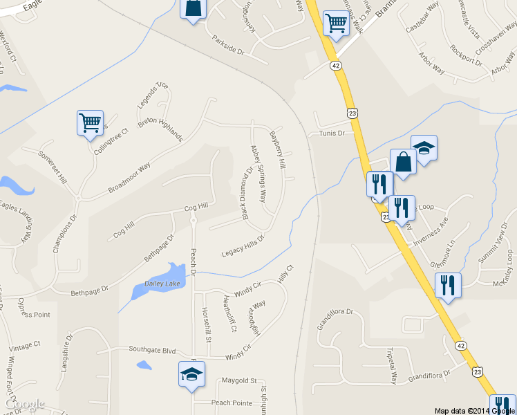 map of restaurants, bars, coffee shops, grocery stores, and more near 429 Abbey Springs Way in McDonough
