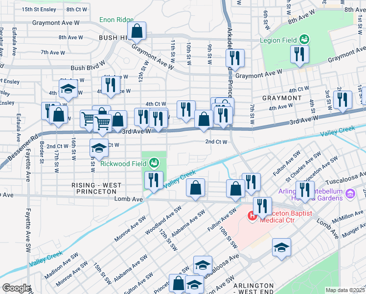 map of restaurants, bars, coffee shops, grocery stores, and more near 1001 2nd Court West in Birmingham