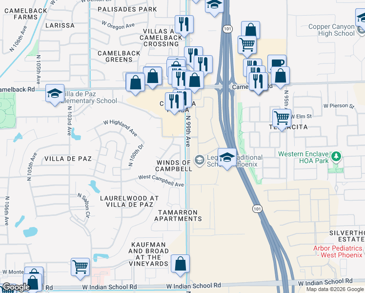 map of restaurants, bars, coffee shops, grocery stores, and more near 4657 North 99th Drive in Phoenix