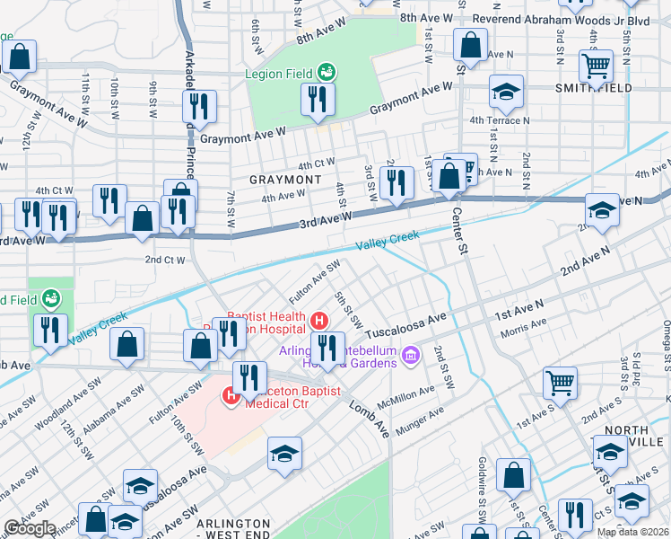 map of restaurants, bars, coffee shops, grocery stores, and more near 401 5th Street West in Birmingham