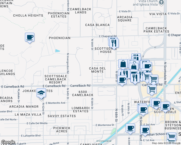 map of restaurants, bars, coffee shops, grocery stores, and more near 4602 North 66th Street in Scottsdale