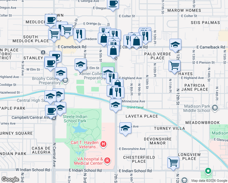 map of restaurants, bars, coffee shops, grocery stores, and more near 4604 North 7th Street in Phoenix