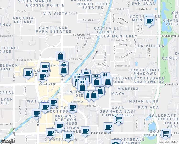 map of restaurants, bars, coffee shops, grocery stores, and more near 4608 North 74th Place in Scottsdale
