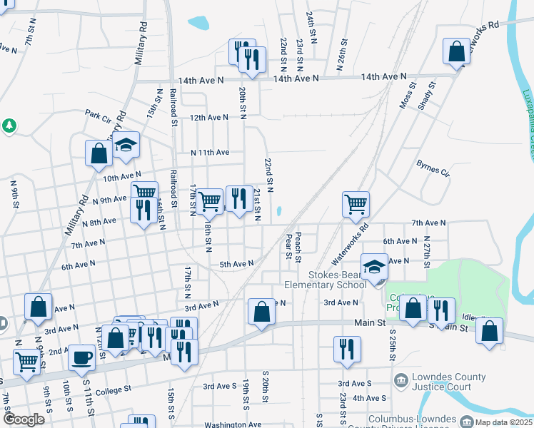 map of restaurants, bars, coffee shops, grocery stores, and more near 711 22nd Street North in Columbus