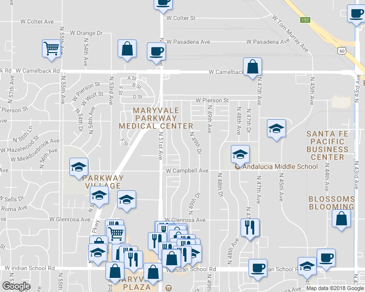 map of restaurants, bars, coffee shops, grocery stores, and more near 4552 North 50th Avenue in Phoenix