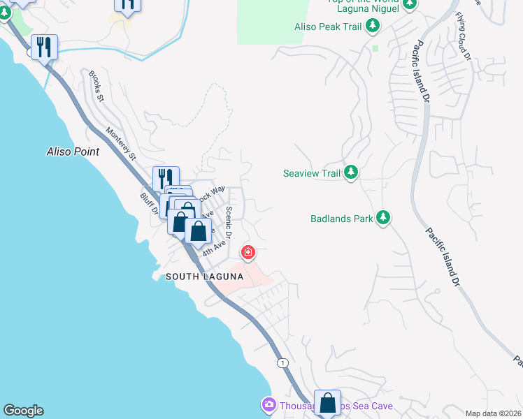 map of restaurants, bars, coffee shops, grocery stores, and more near 22351 Eagle Rock Way in Laguna Beach