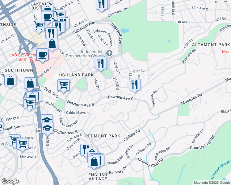 map of restaurants, bars, coffee shops, grocery stores, and more near 2924 Pawnee Avenue South in Birmingham