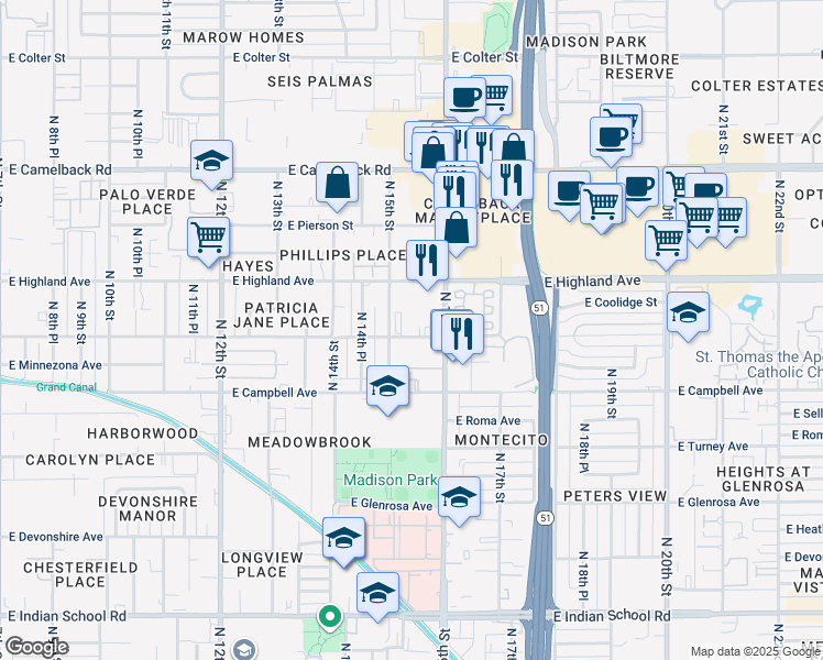 map of restaurants, bars, coffee shops, grocery stores, and more near 1550 East Meadowbrook Avenue in Phoenix