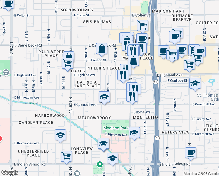 map of restaurants, bars, coffee shops, grocery stores, and more near 1446 East Meadowbrook Avenue in Phoenix