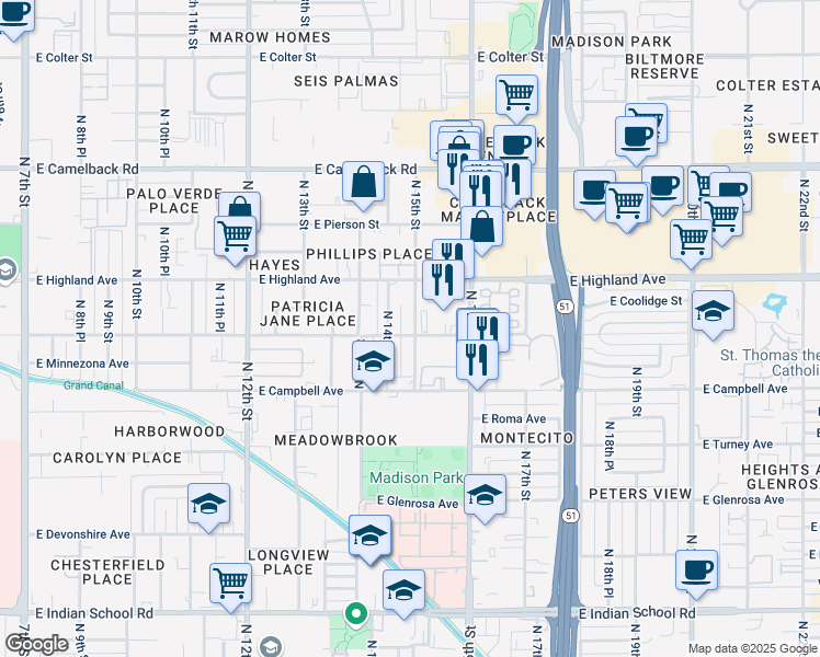 map of restaurants, bars, coffee shops, grocery stores, and more near 1446 East Meadowbrook Avenue in Phoenix