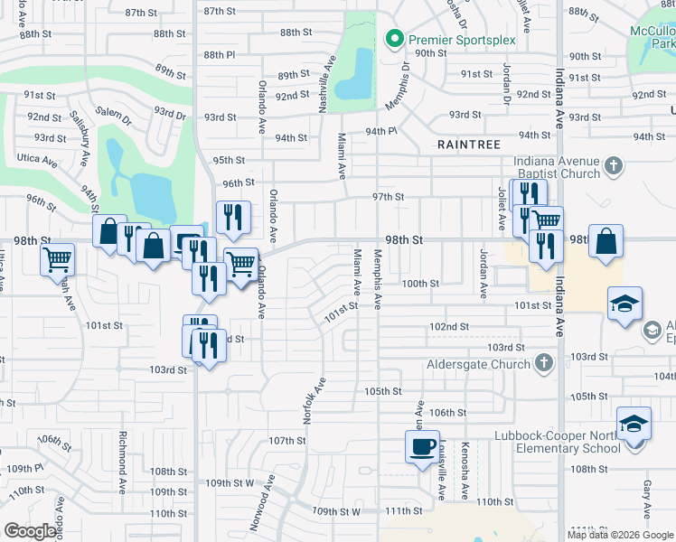 map of restaurants, bars, coffee shops, grocery stores, and more near 3905 100th Street in Lubbock