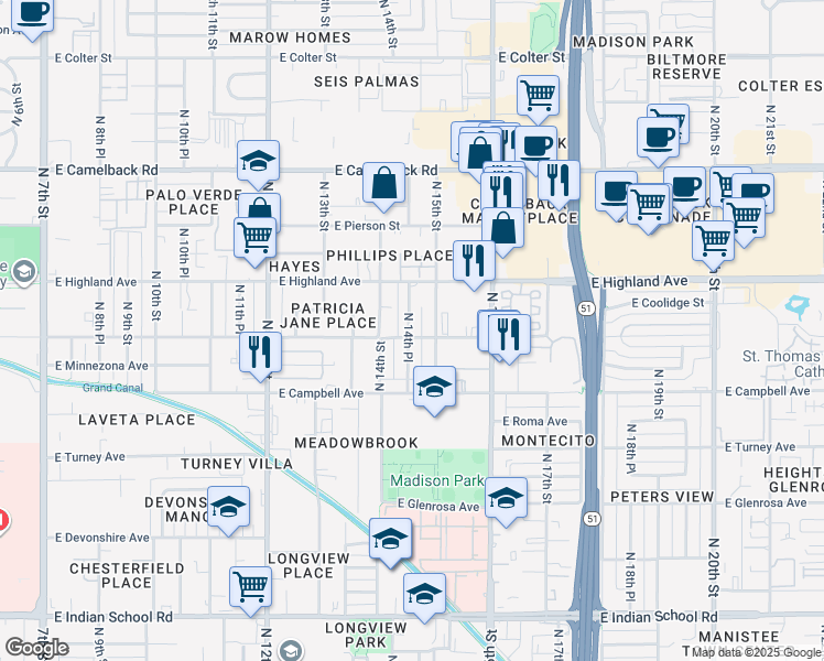 map of restaurants, bars, coffee shops, grocery stores, and more near 1446 East Meadowbrook Avenue in Phoenix