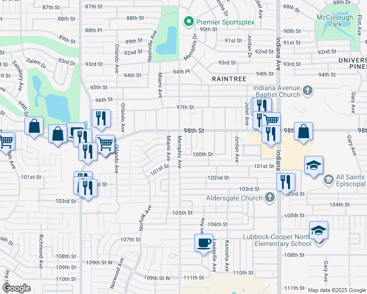 map of restaurants, bars, coffee shops, grocery stores, and more near 9811 Memphis Avenue in Lubbock