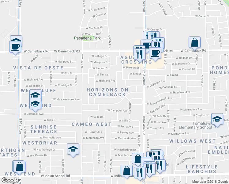 map of restaurants, bars, coffee shops, grocery stores, and more near 4614 North 84th Lane in Phoenix