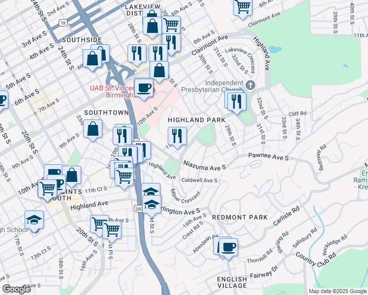 map of restaurants, bars, coffee shops, grocery stores, and more near 2620 Highland Avenue in Birmingham