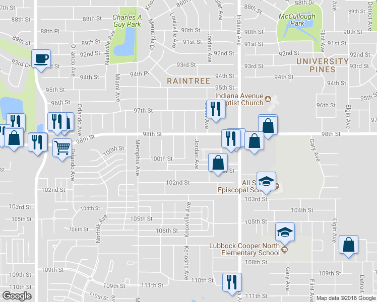 map of restaurants, bars, coffee shops, grocery stores, and more near 9811 Knoxville Ave in Lubbock