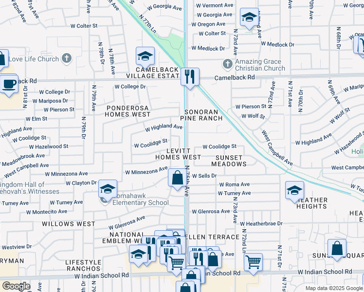 map of restaurants, bars, coffee shops, grocery stores, and more near 4621 North 75th Drive in Phoenix