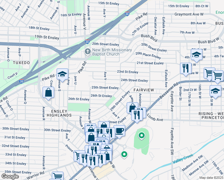 map of restaurants, bars, coffee shops, grocery stores, and more near 2521 25th Street Ensley in Birmingham