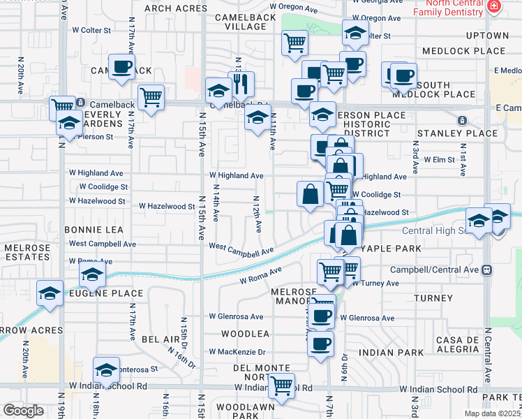 map of restaurants, bars, coffee shops, grocery stores, and more near 4601 North 12th Avenue in Phoenix