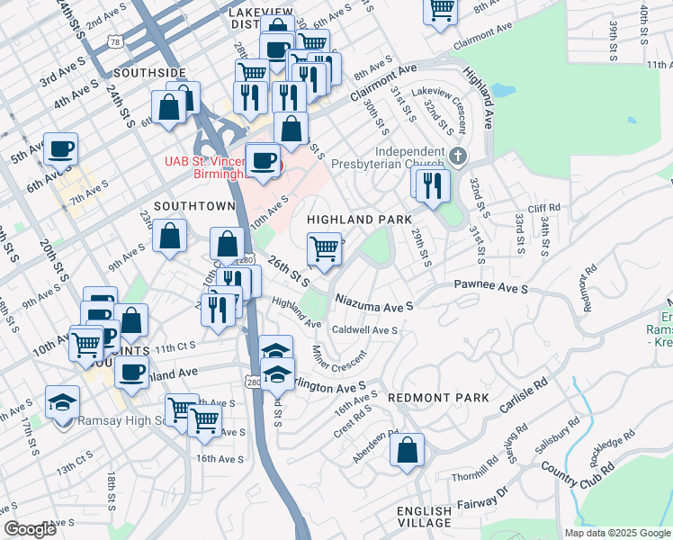 map of restaurants, bars, coffee shops, grocery stores, and more near 2620 Highland Avenue in Birmingham
