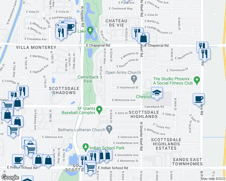 map of restaurants, bars, coffee shops, grocery stores, and more near 4607 North 82nd Street in Scottsdale