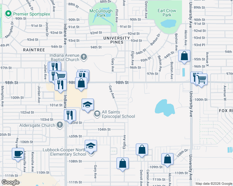 map of restaurants, bars, coffee shops, grocery stores, and more near 3114 99th Street in Lubbock