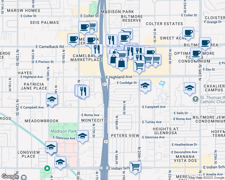 map of restaurants, bars, coffee shops, grocery stores, and more near 1808 East Hazelwood Street in Phoenix
