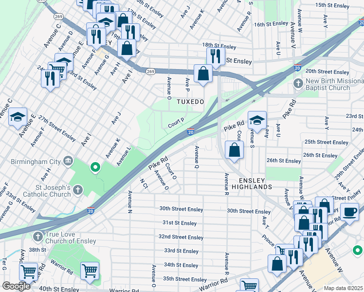 map of restaurants, bars, coffee shops, grocery stores, and more near 1524 Pike Road in Birmingham