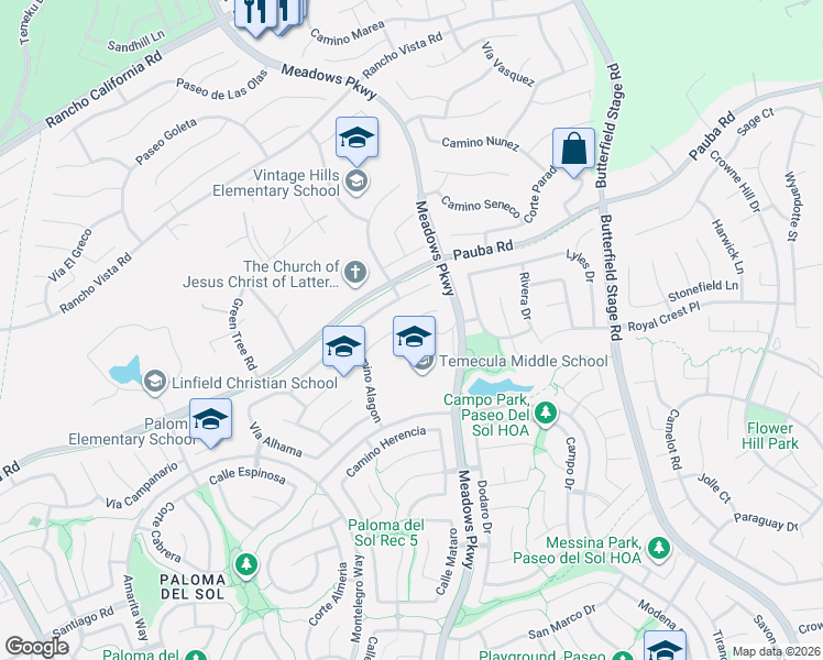 map of restaurants, bars, coffee shops, grocery stores, and more near 32179 Cala Torrente in Temecula