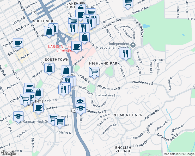 map of restaurants, bars, coffee shops, grocery stores, and more near 2620 Highland Avenue in Birmingham