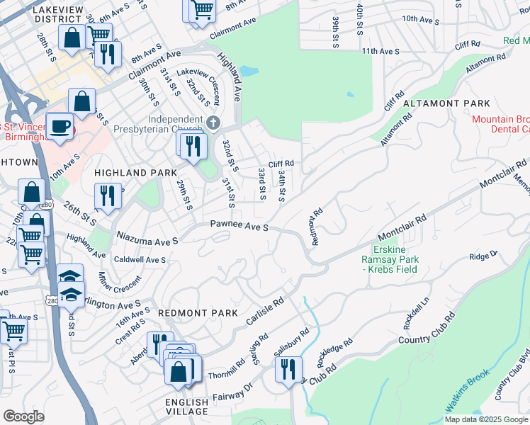 map of restaurants, bars, coffee shops, grocery stores, and more near 3350 Altamont Road South in Birmingham