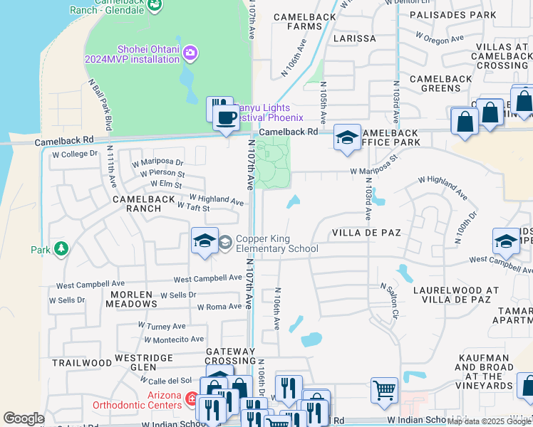 map of restaurants, bars, coffee shops, grocery stores, and more near 4625 North 106th Drive in Phoenix