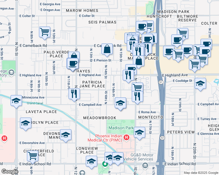 map of restaurants, bars, coffee shops, grocery stores, and more near 1410 East Meadowbrook Avenue in Phoenix