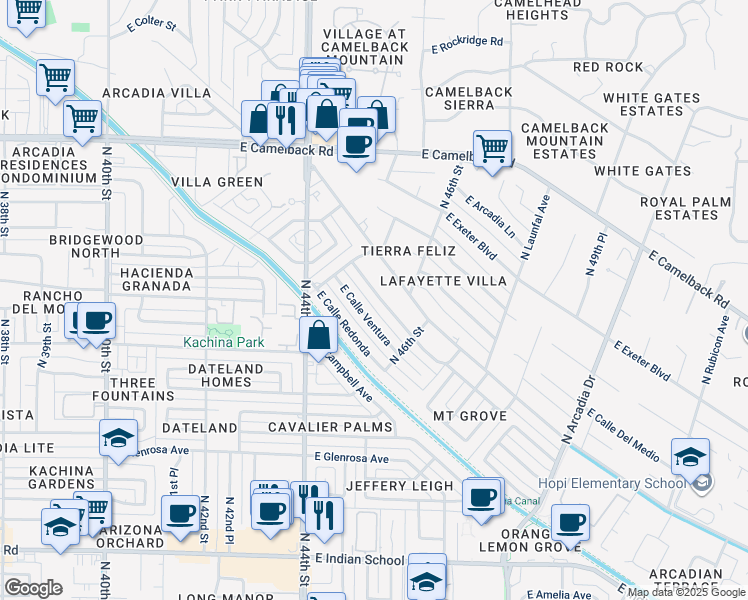 map of restaurants, bars, coffee shops, grocery stores, and more near 4543 East Calle Tuberia in Phoenix