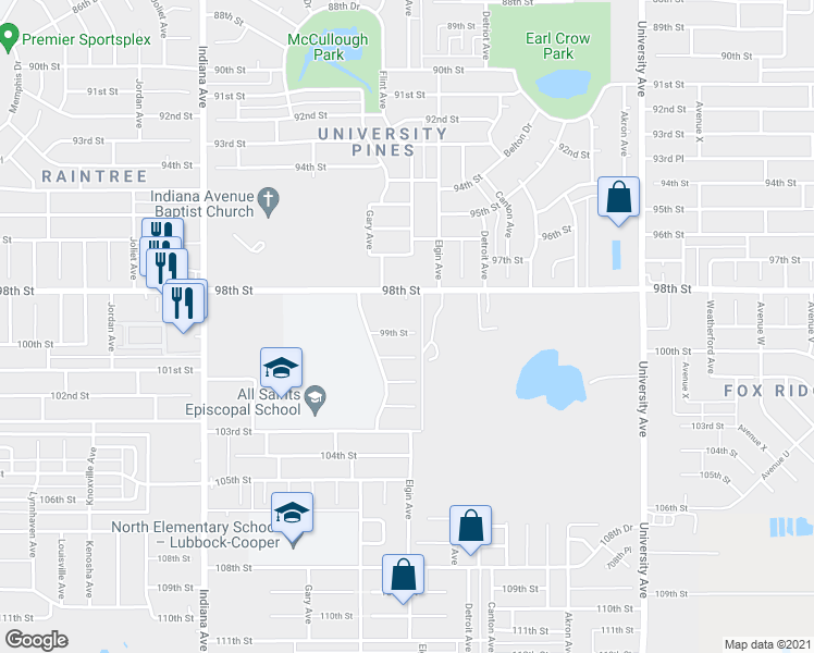 map of restaurants, bars, coffee shops, grocery stores, and more near 3106 99th Street in Lubbock
