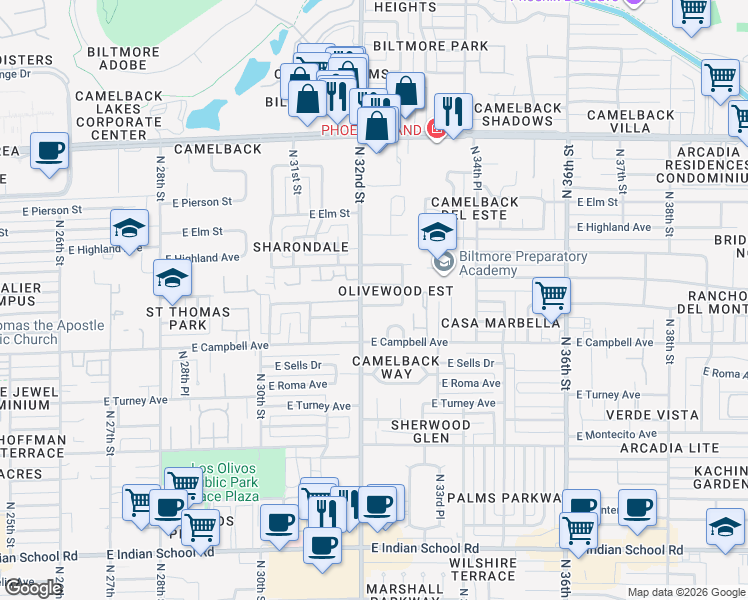 map of restaurants, bars, coffee shops, grocery stores, and more near 3208 East Meadowbrook Avenue in Phoenix