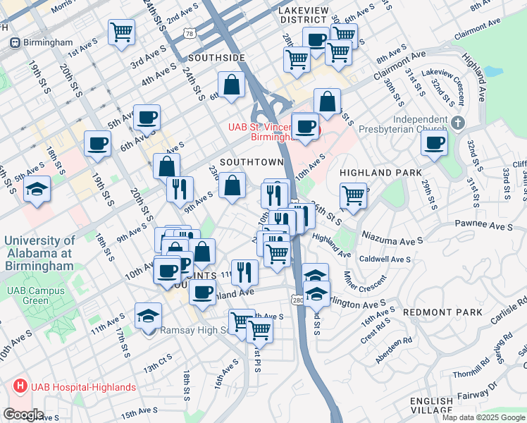 map of restaurants, bars, coffee shops, grocery stores, and more near 2302 10th Court South in Birmingham