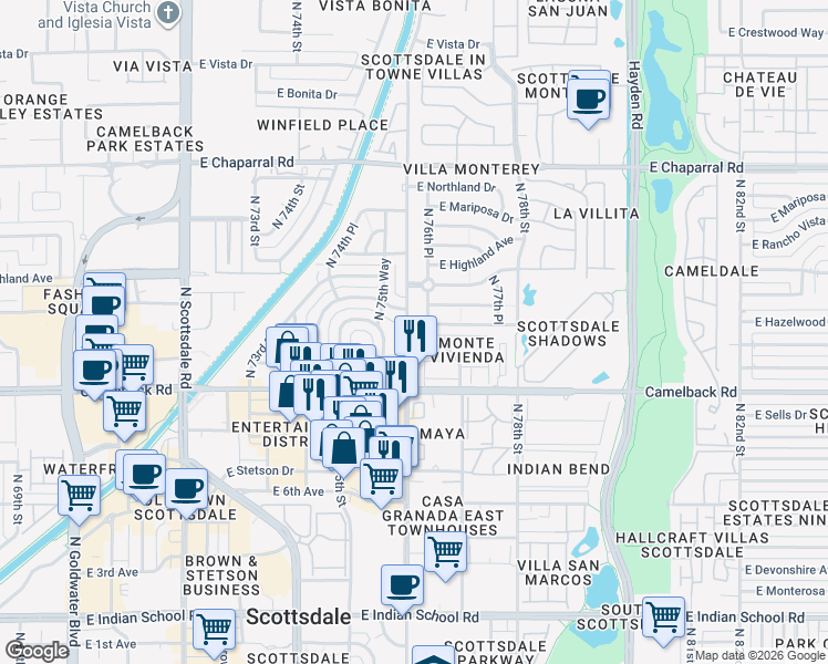 map of restaurants, bars, coffee shops, grocery stores, and more near 7627 East Meadowbrook Avenue in Scottsdale