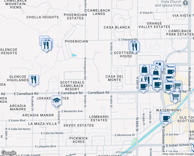 map of restaurants, bars, coffee shops, grocery stores, and more near 4608 North 65th Street in Scottsdale