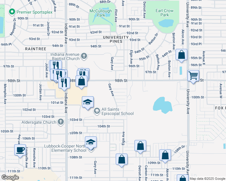 map of restaurants, bars, coffee shops, grocery stores, and more near 3118 99th Street in Lubbock