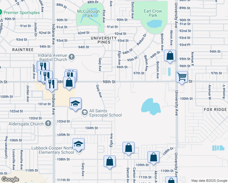 map of restaurants, bars, coffee shops, grocery stores, and more near 3102 99th Street in Lubbock