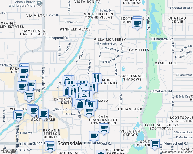 map of restaurants, bars, coffee shops, grocery stores, and more near 7627 East Meadowbrook Avenue in Scottsdale