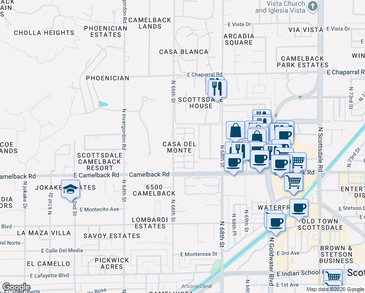 map of restaurants, bars, coffee shops, grocery stores, and more near East Paloma Way in Scottsdale